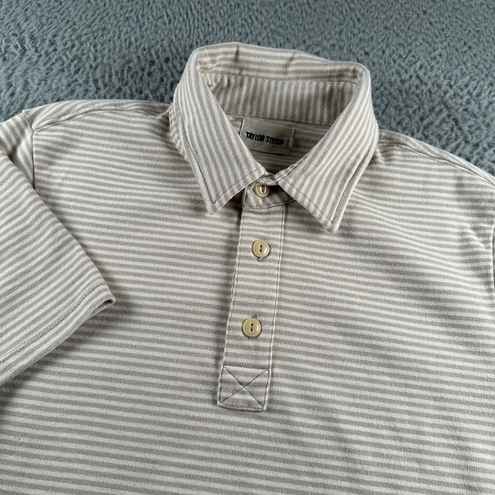 Taylor Stitch Polo Shirt Mens 38 Short Sleeve Striped Beige Cream Collared Heavy